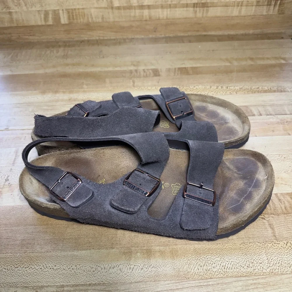Birkenstock Milano Dark Brown Suede Sandals Mens 44 US 11 Three Strap Buckle